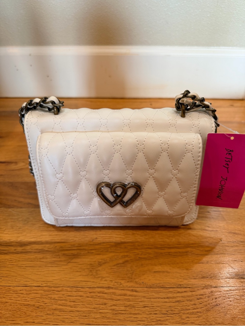Betsey Johnson Quilted White Crossbody with Double Heart Hardware